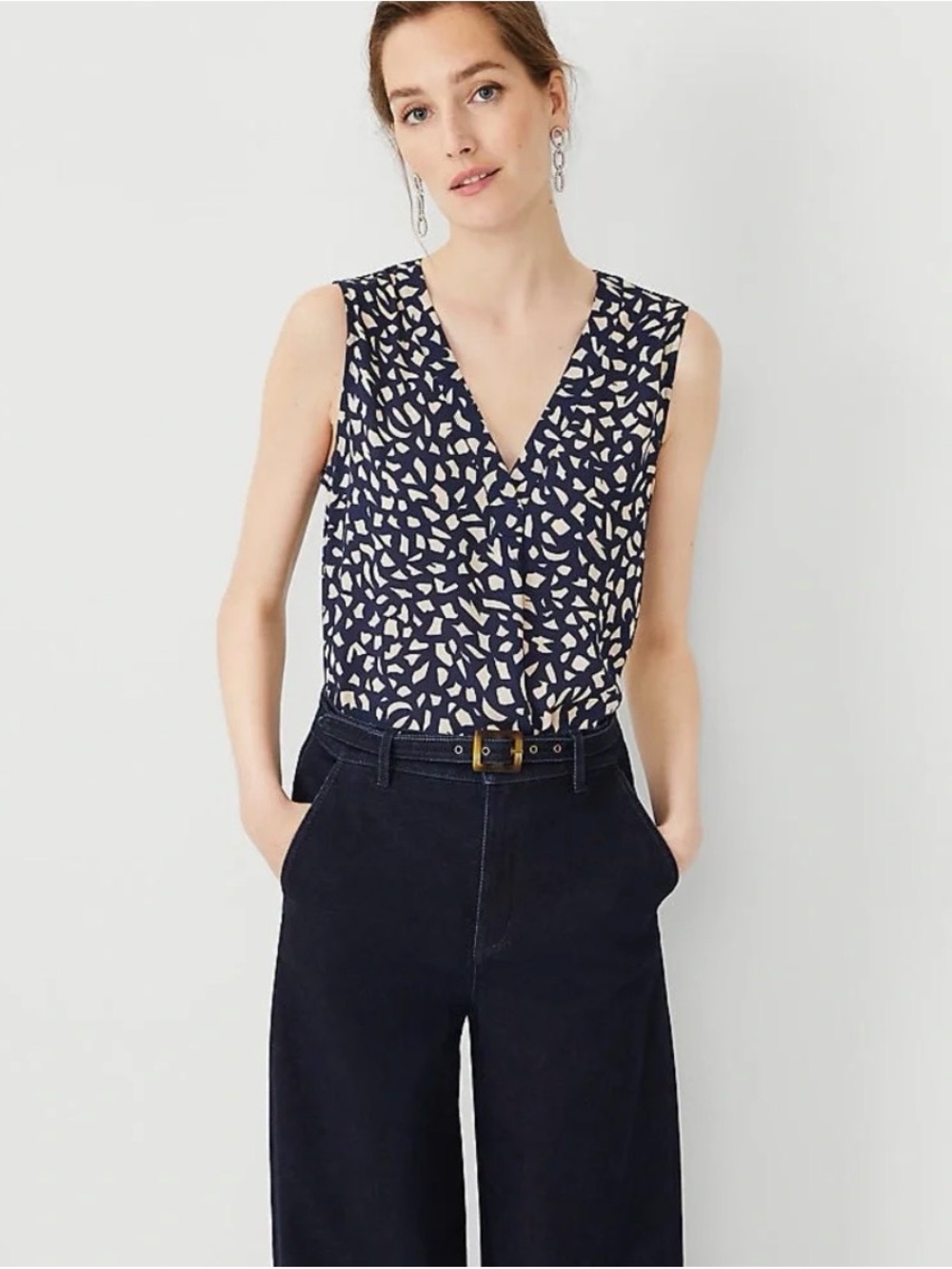 Ann Taylor Pleated Mixed Media V-Neck Shell in Blue Animal Print